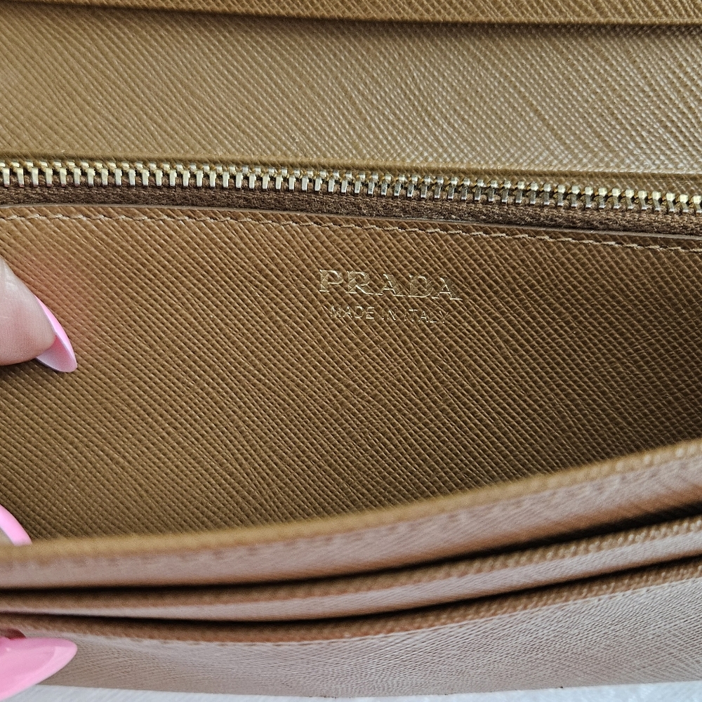 Prada Saffiano Gold Hardware Trim Double Snap Long Wallet Brown - Picture 4 of 8